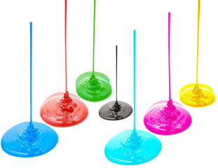 Magenta, cyan, yellow, red, blue, green and black liquid paints