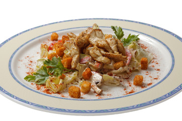 Chicken salad with crackers on a white plate