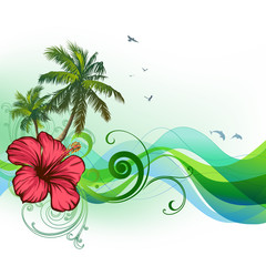 Hibiscus, palms, waves