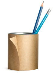 pen, pencil pot wrapped up in brown paper