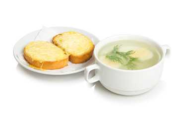 Bouillon with eggs and cheese croutons