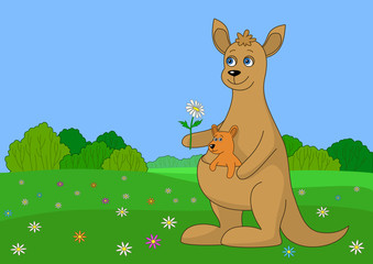 Kangaroo with baby on a green me