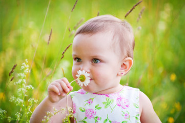 Little girl is smelling the daisy - 24566124