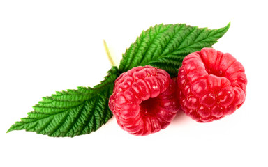 Raspberry with green leaves isolated on white