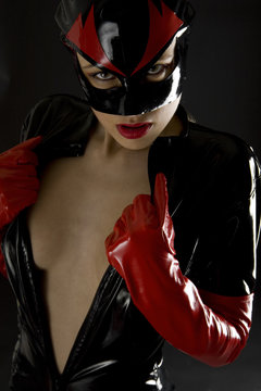 portrait of woman wearing latex clothes