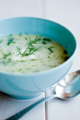 Russian traditional okroshka (summer cold kvass soup)