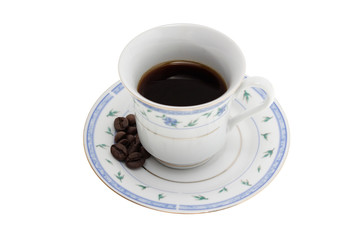 Cup of coffee with coffee beans. Isolated on white backgroud