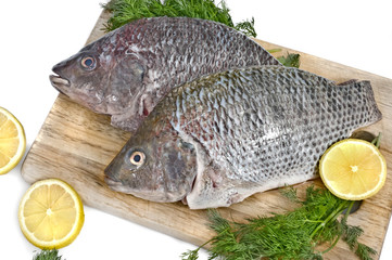 fresh fish on wooden board