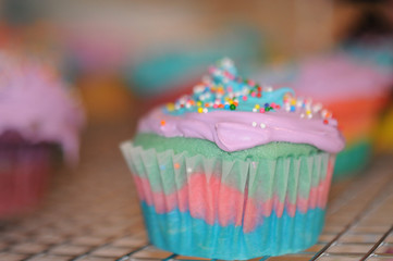 Cupcake colorful rainbow with purple icing and sprinkles
