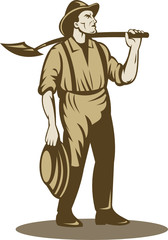 Miner prospector gold digger with shovel and pan - obrazy, fototapety, plakaty
