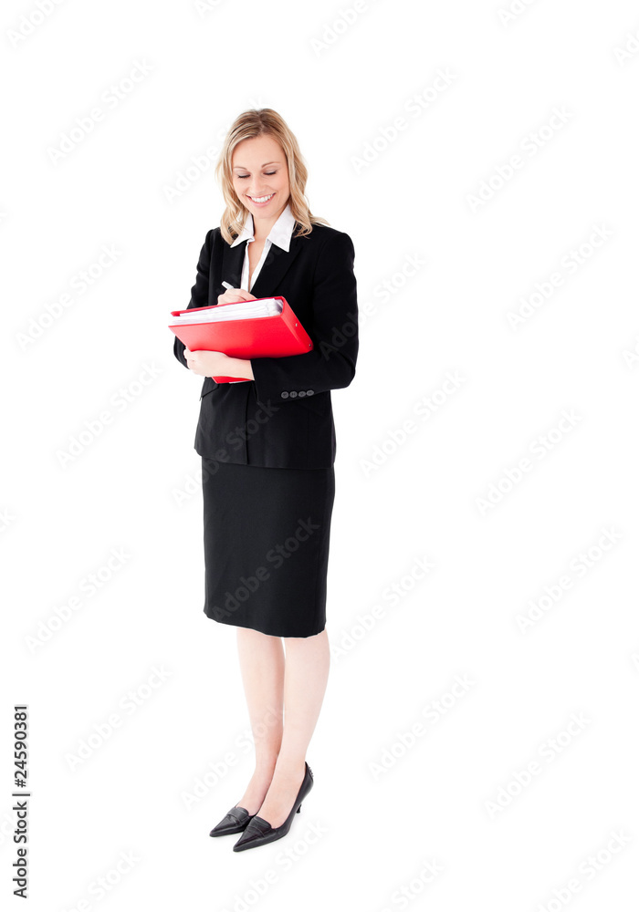 Poster Confident businesswoman writing on a folder