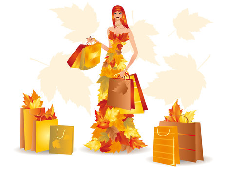 Autumn shopping girl, vector