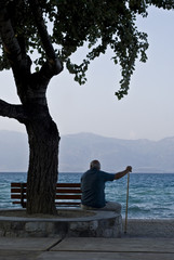 An old man sitting behind a bench and gazing at the sea