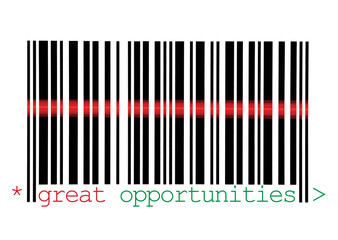 Scanning Great Opportunities Concept, Black Barcode, Red Laser, Green Text, Isolated Horizontal Macro Closeup