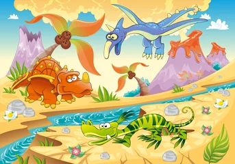 Zelfklevend Fotobehang Dinosaurussen met prehistorische achtergrond. vector illustratie © ddraw