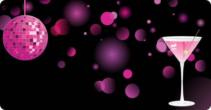 Disco shiny background with martini and pink disco ball