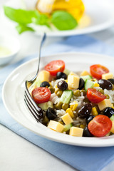 Cheese and rice salad with vegetables
