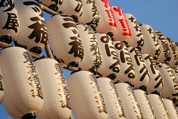 Rows of Japanese paper lanterns at sunset