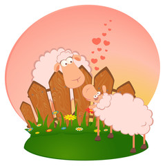 two cartoon smiling sheep in love