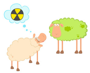 cartoon healthy sheep looks at a sick sheep with spots