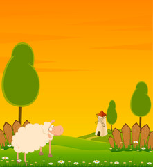 Obraz na płótnie Canvas Landscape background with house and cartoon sheep