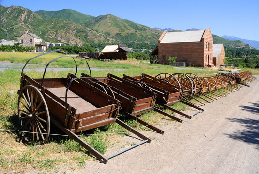 Display of Mormon Settler Hand Carts at Heritage Park in Utah