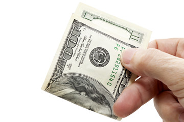 one hundred dollar bill in  fingers hand
