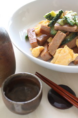 luncheon meat and bitter melon stir fry for asian food image