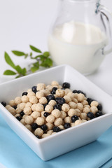 Vanilla cereals with blueberries. Shallow DOF