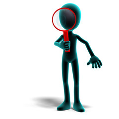 3d male icon toon character with a magnifier. 3D rendering with