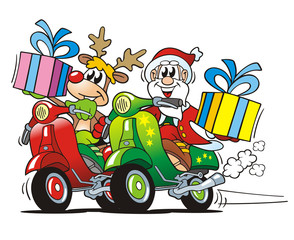 Obraz na płótnie Canvas Santa and Reindeer jazdy Scooter