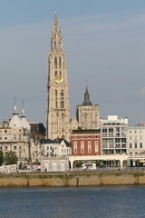 Fototapeta premium Cathedral of Antwerp by the river Schelde