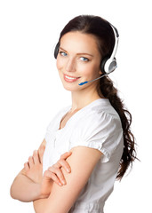 Support phone operator in headset, isolated on white