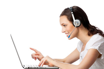 Support phone operator in headset at workplace, isolated