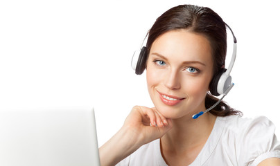Support phone operator in headset at workplace, isolated