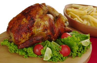 Roast chicken, lettuce, french fries (Selective Focus, Isolated)