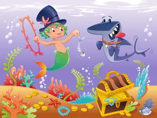 Cercles muraux Sirène Triton avec requin. Cartoon drôle et personnages vectoriels.