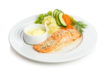 Fried red fish with sesame, sauce and vegetable side dish