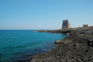 Fototapeta na wymiar coastline with ancient tower, Apulia, Gargano, Italy