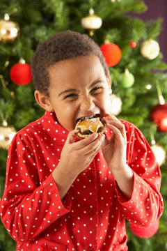 Young Boy Eating Mince Pie In Front Of Christmas Tree