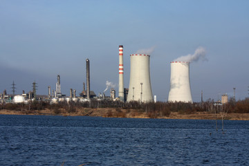 Fototapeta premium power plant view and small lake