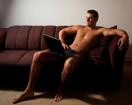 Nude Man with Laptop Computer
