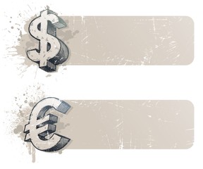 Vector banners with hand drawn currency sign - dollar and euro