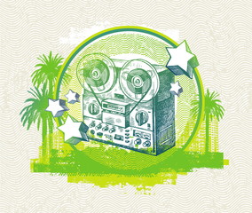 Vector musical  illustration with hand drawn retro tape recorder