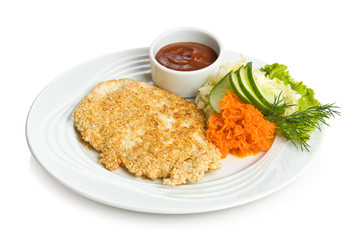 Fried chicken fillet coated with sesame and vegetable side dish.