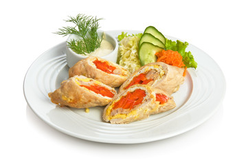 Pork rolls stuffed with scrambled eggs, cheese and red pepper