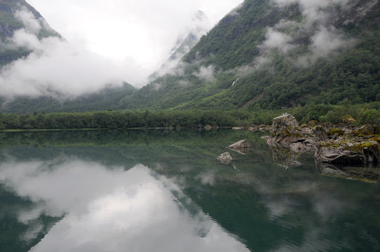 Reflections in Lovatnet lake, Norway