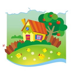 Summer background with small house and chickens