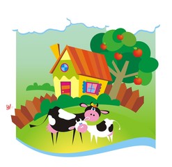 Summer background with small house and cows