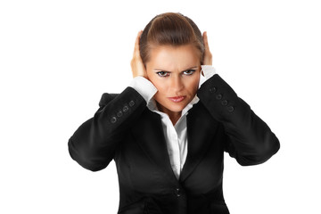 modern business woman with hand on ears isolated on white